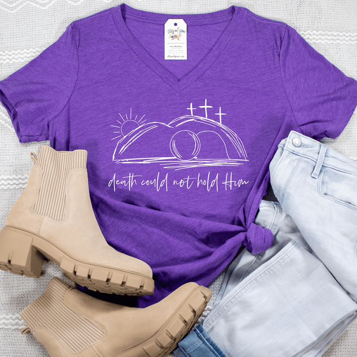 ellyandgrace 6405 Death Could Not Hold Him Relaxed Ladies V-Neck