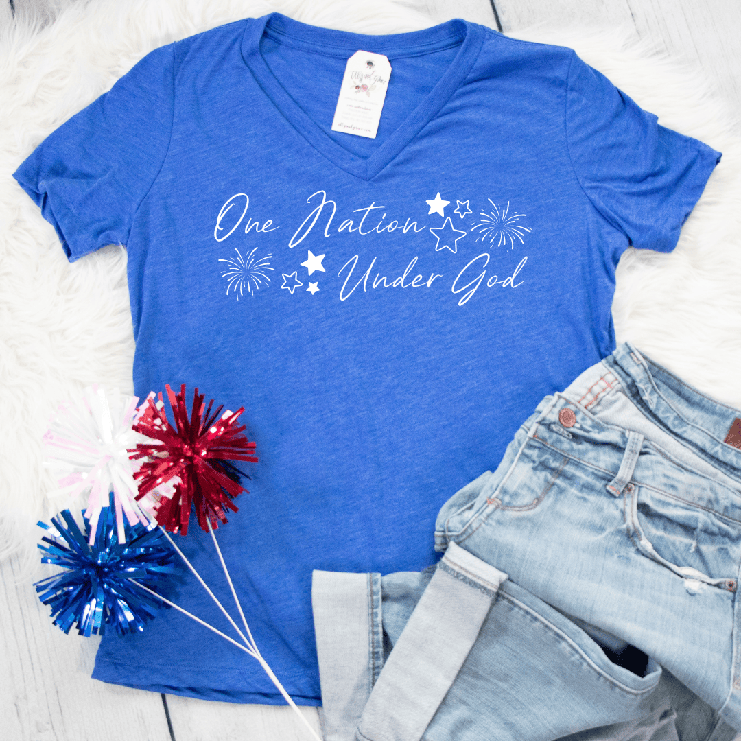 ellyandgrace 6405 Fireworks- One Nation Under God Ladies V-Neck