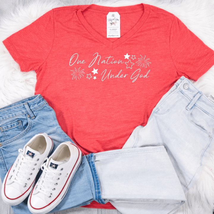ellyandgrace 6405 Fireworks- One Nation Under God Ladies V-Neck