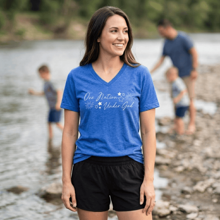 ellyandgrace 6405 Fireworks- One Nation Under God Ladies V-Neck