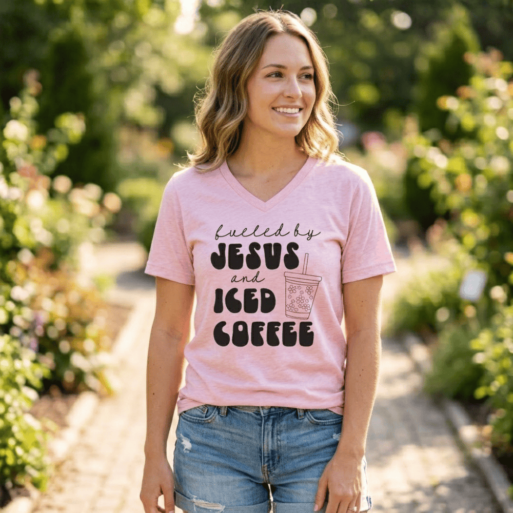 ellyandgrace 6405 Fueled By Jesus And Coffee Short Sleeve V-neck