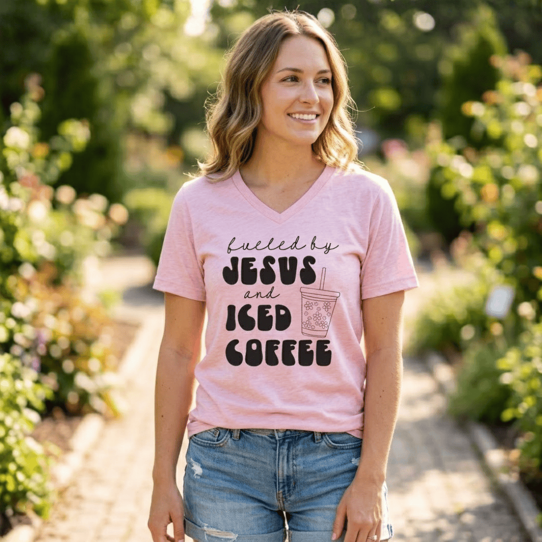 ellyandgrace 6405 Fueled By Jesus And Coffee Short Sleeve V-neck