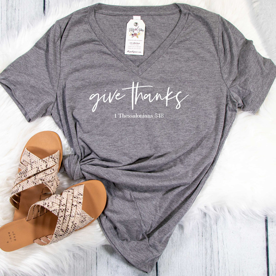 ellyandgrace 6405 Give Thanks Relaxed Ladies V-Neck