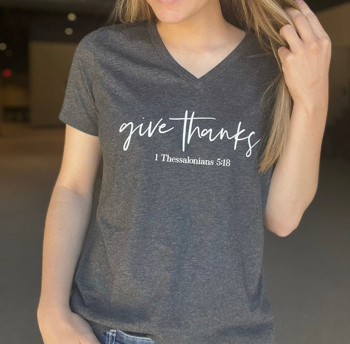 ellyandgrace 6405 Give Thanks Relaxed Ladies V-Neck