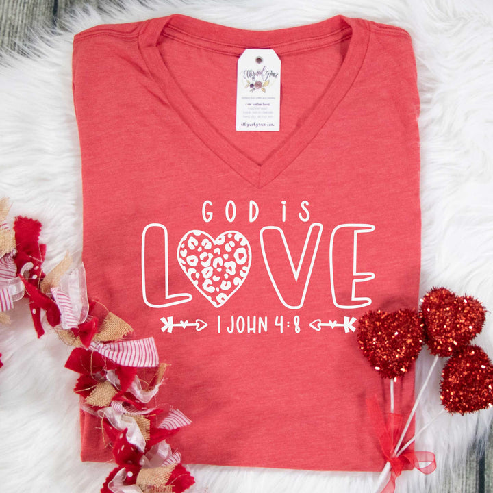 ellyandgrace 6405 God is Love Leopard Heart Relaxed Ladies Vneck