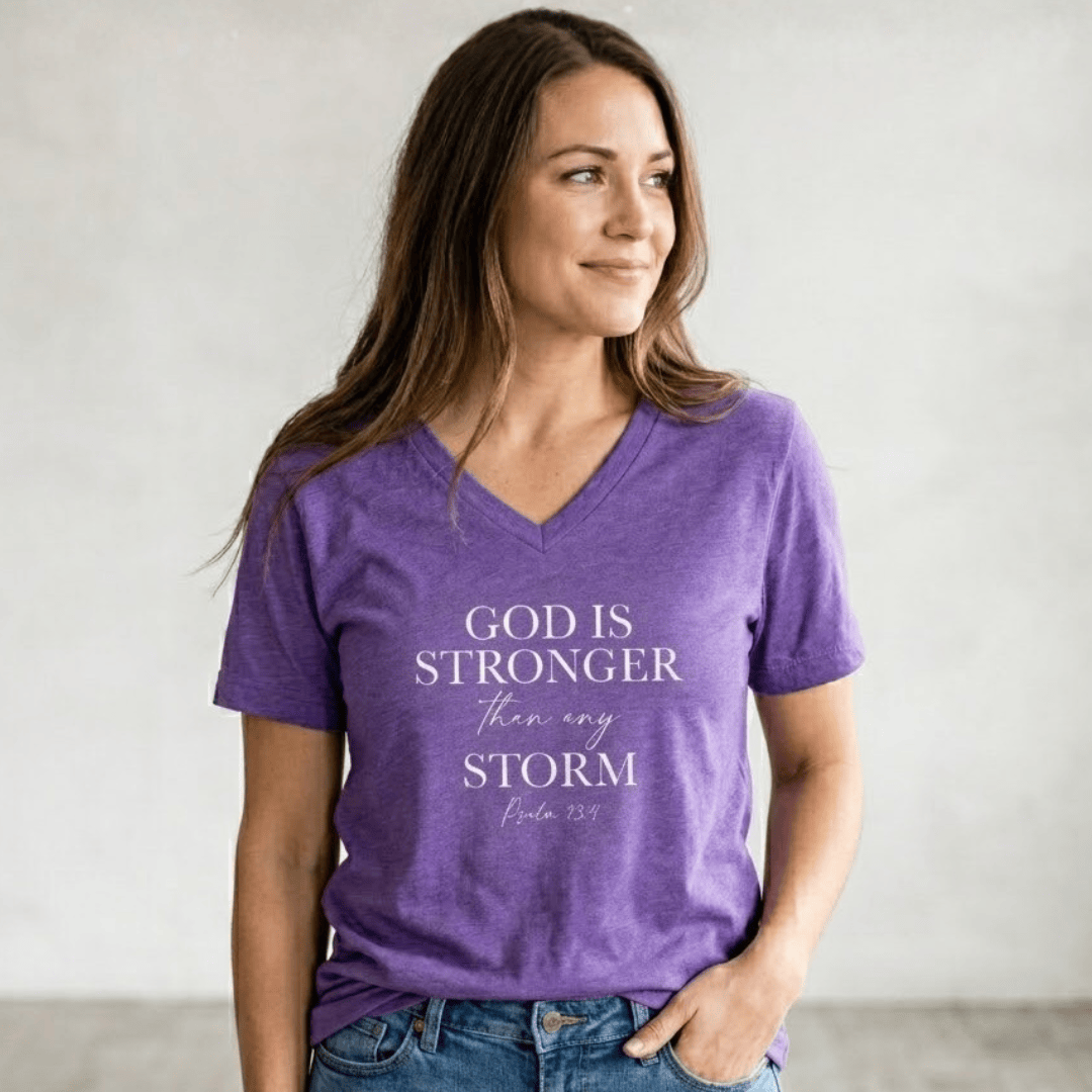 ellyandgrace 6405 God Is Stronger Than Any Storm Ladies V-Neck