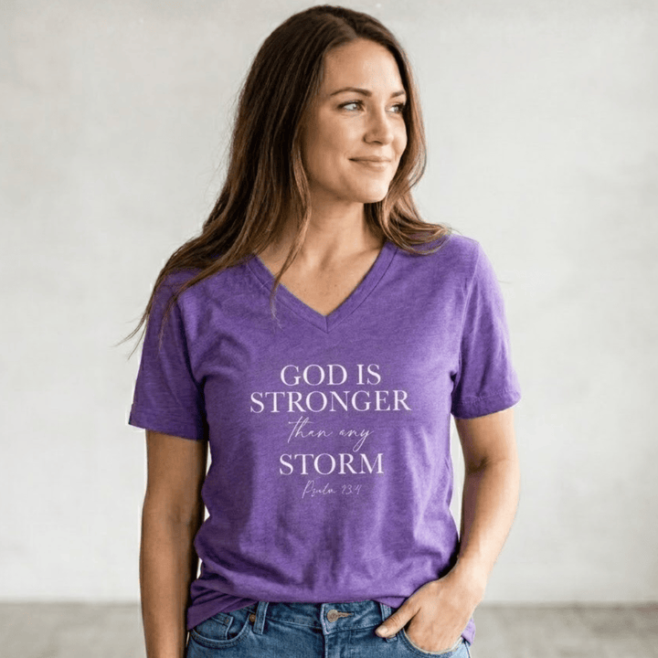 ellyandgrace 6405 God Is Stronger Than Any Storm Ladies V-Neck