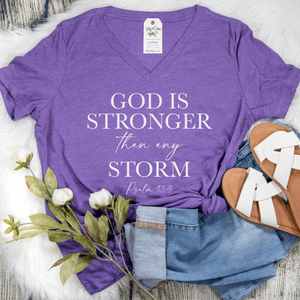 God Is Stronger Than Any Storm Ladies V-Neck