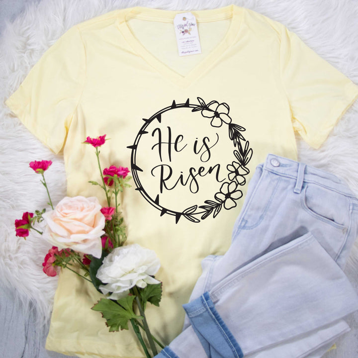 ellyandgrace 6405 He is Risen Crown Relaxed Ladies V-Neck