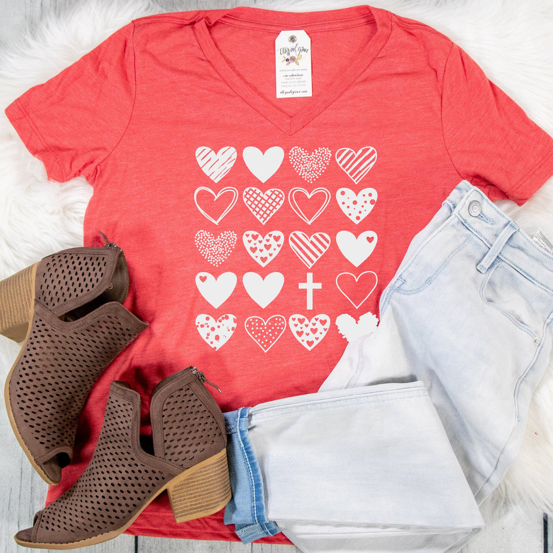 ellyandgrace 6405 Hearts & Cross Relaxed Ladies Vneck