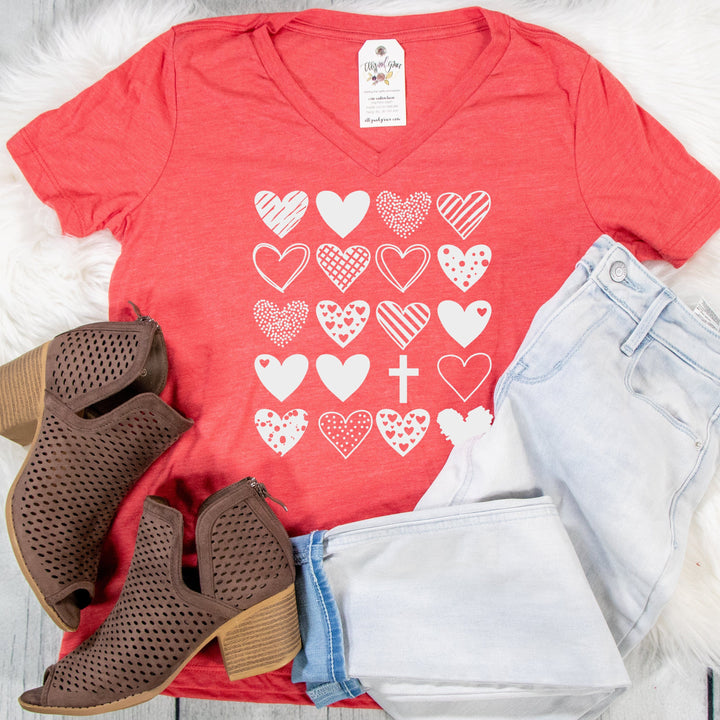 ellyandgrace 6405 Hearts & Cross Relaxed Ladies Vneck