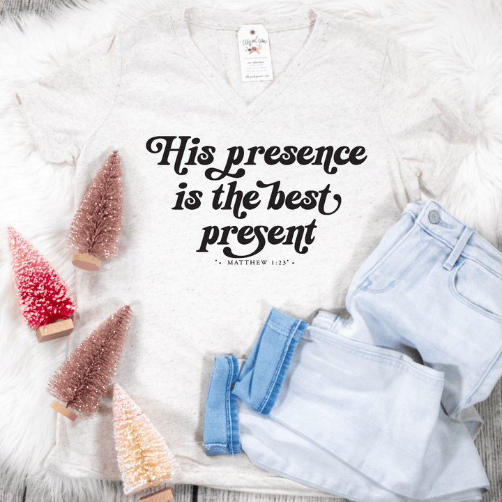ellyandgrace 6405 His Presence Is The Best Present Relaxed Ladies Vneck