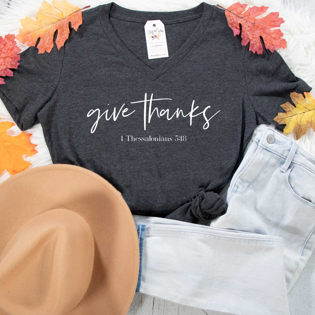 ellyandgrace 6405 Ladies Small / Dark Grey Heather Give Thanks Relaxed Ladies V-Neck