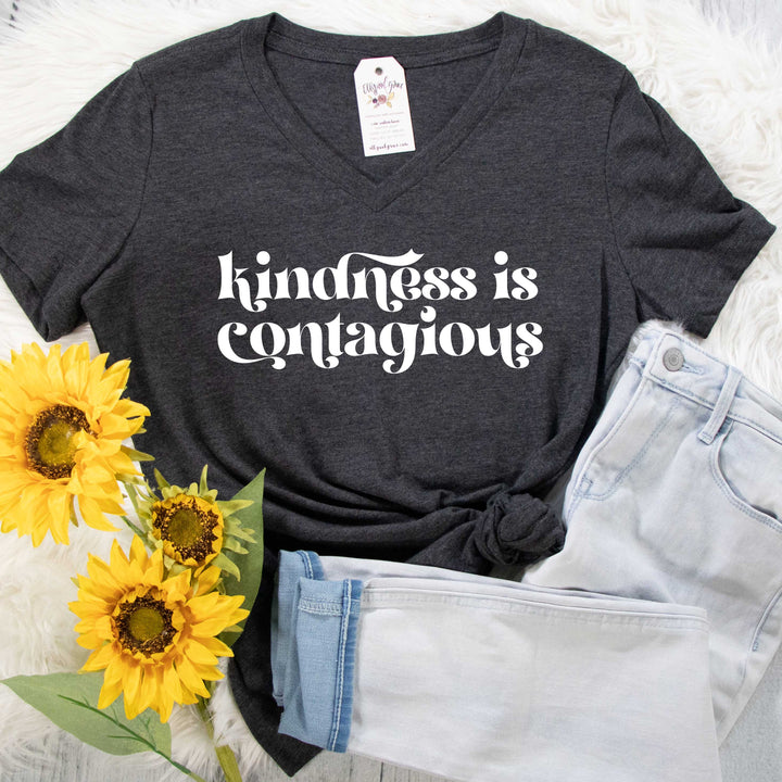 ellyandgrace 6405 Ladies Small / Dark Grey Heather Kindness is Contagious Relaxed Ladies Vneck