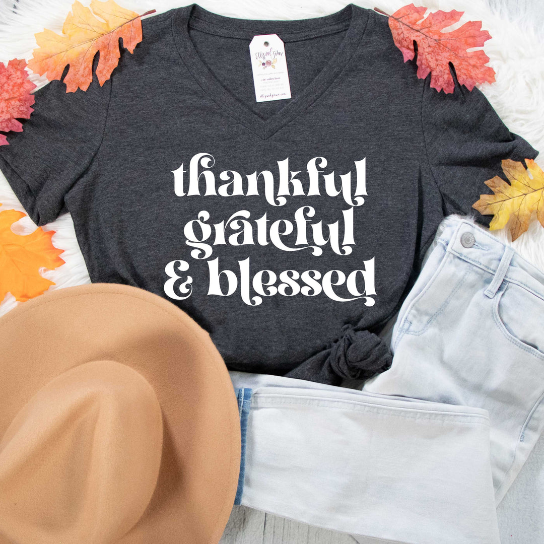 ellyandgrace 6405 Ladies Small / Dark Grey Heather Thankful Grateful & Blessed Relaxed Ladies Vneck