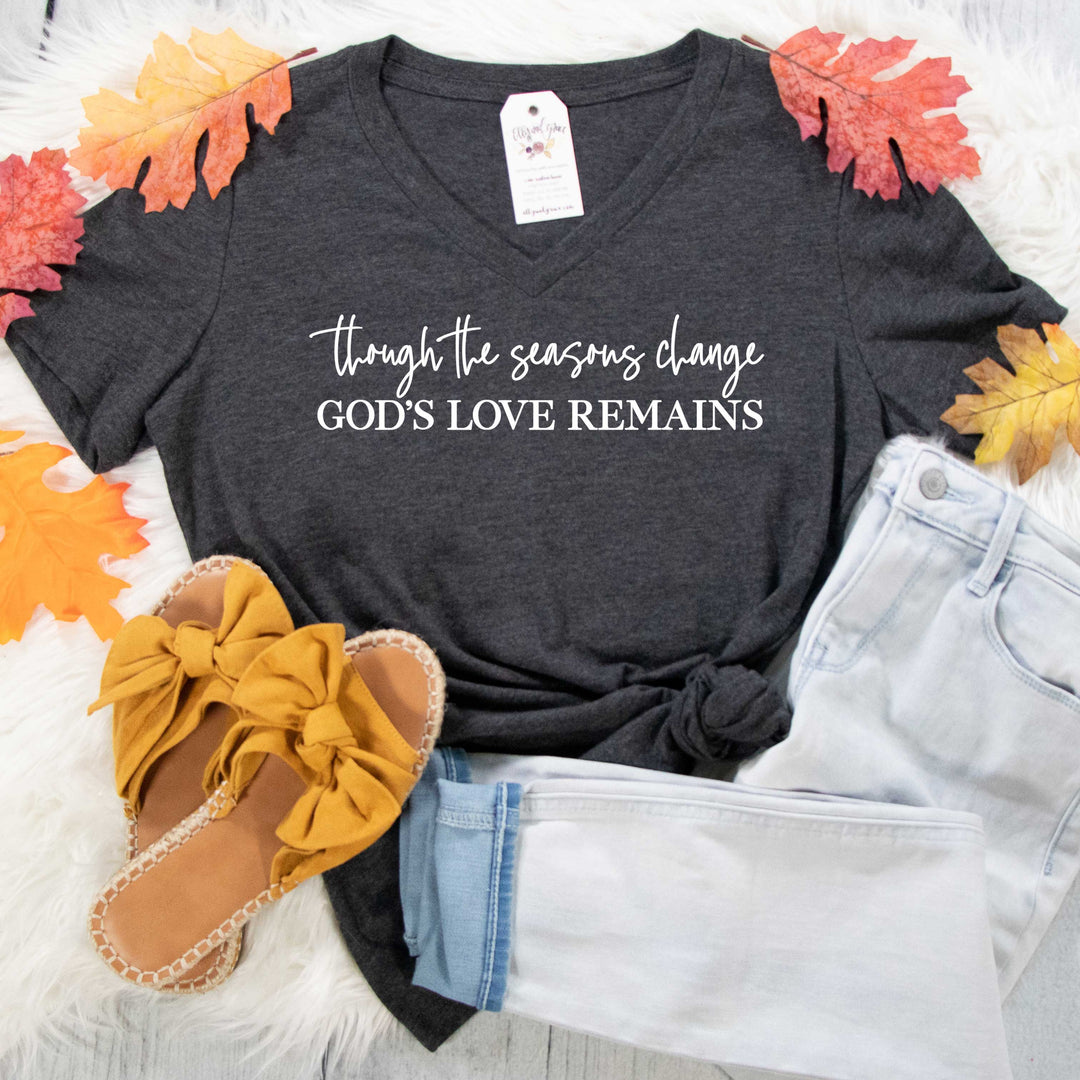 ellyandgrace 6405 Ladies Small / Dark Grey Heather Though the Seasons Change God's Love Remains Relaxed Ladies Vneck