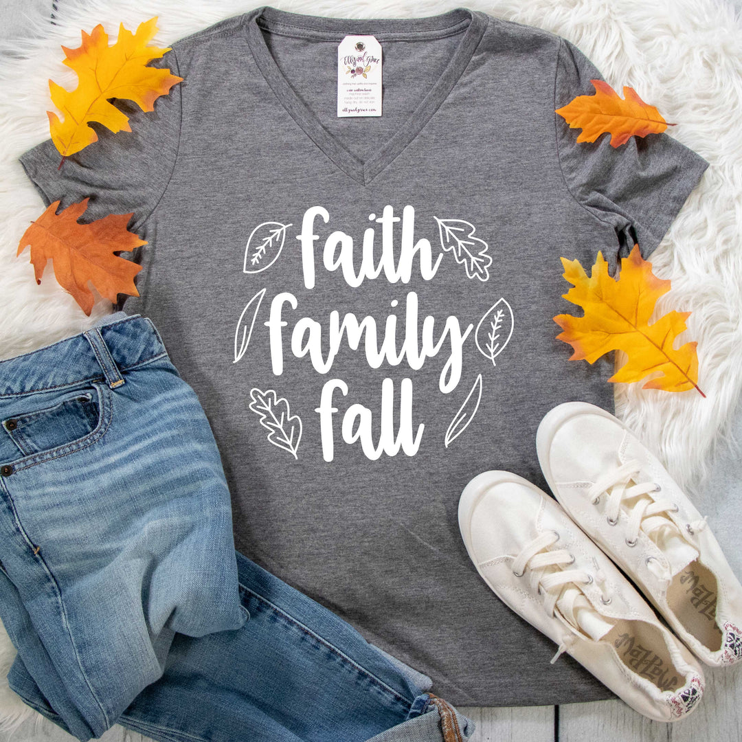 ellyandgrace 6405 Ladies Small / Grey Triblend Faith Family Fall Relaxed Ladies Vneck