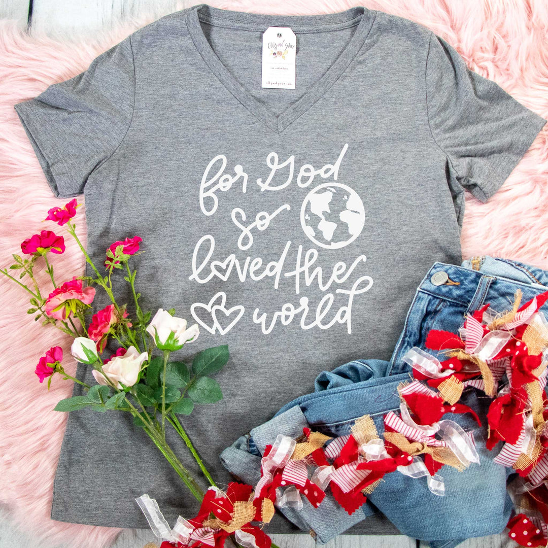 ellyandgrace 6405 Ladies Small / Grey Triblend For God So Loved the World Relaxed Ladies Vneck
