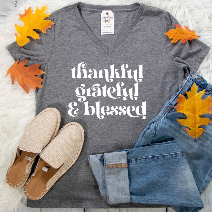 ellyandgrace 6405 Ladies Small / Grey Triblend Thankful Grateful & Blessed Relaxed Ladies Vneck