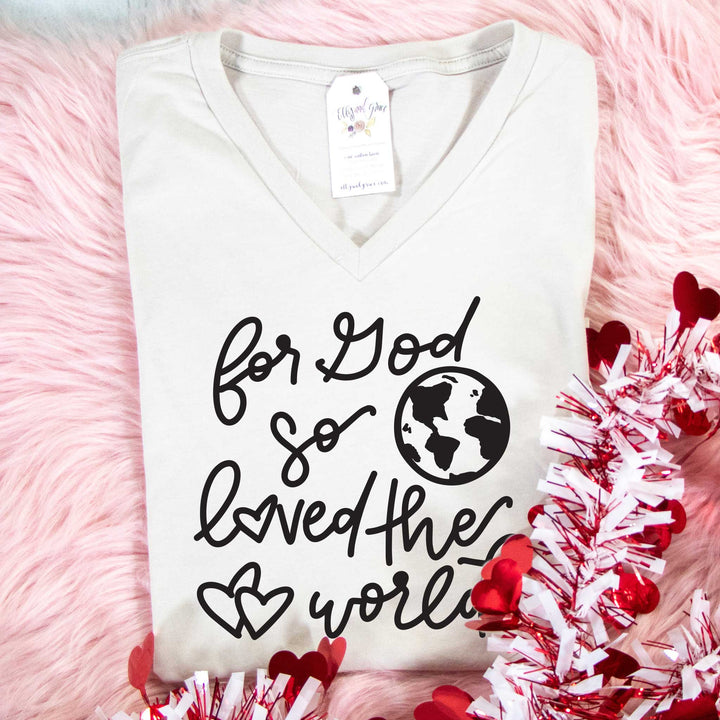 ellyandgrace 6405 Ladies Small / Heather Dust For God So Loved the World Relaxed Ladies Vneck