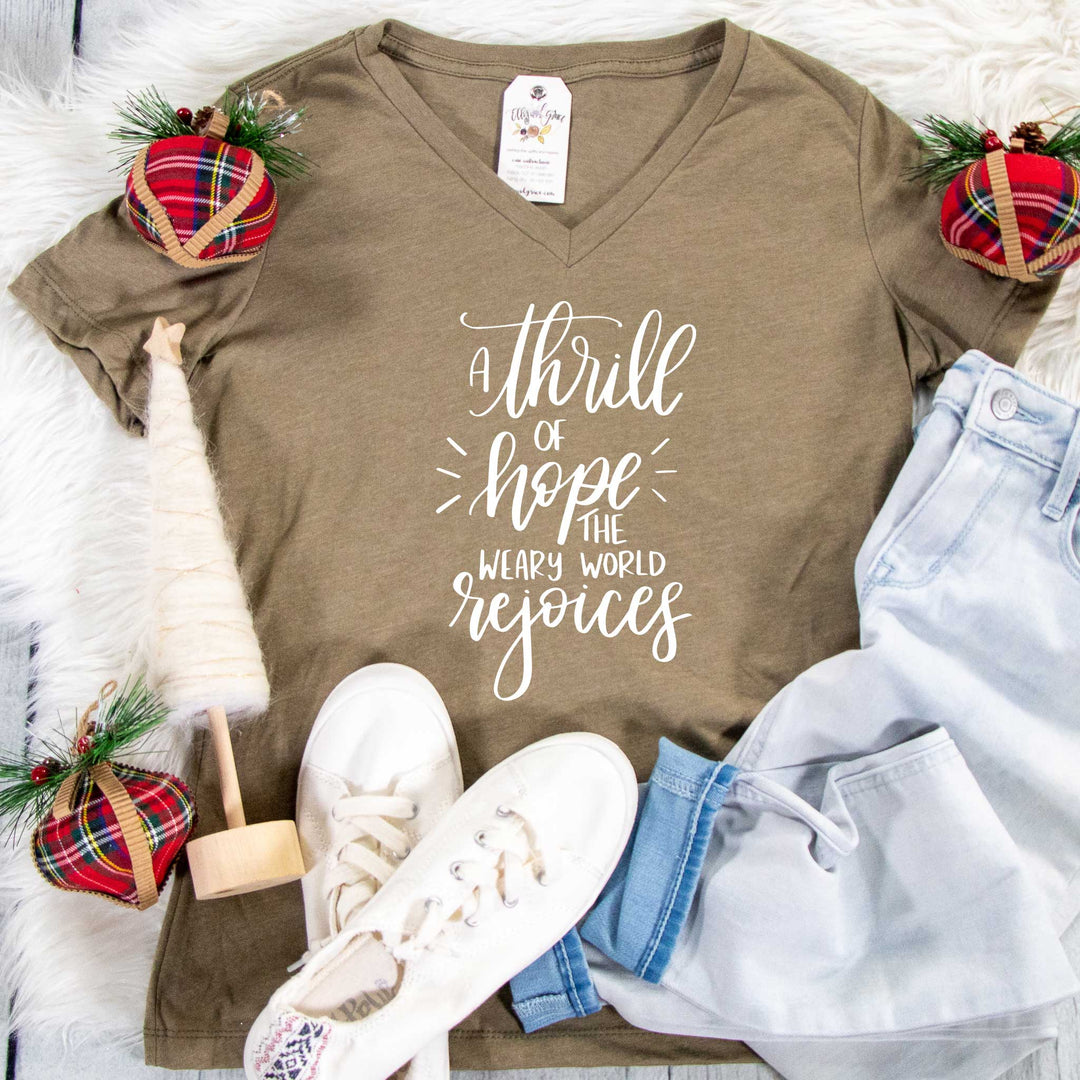 ellyandgrace 6405 Ladies Small / Heather Olive A Thrill of Hope the Weary World Rejoices Relaxed Ladies Vneck