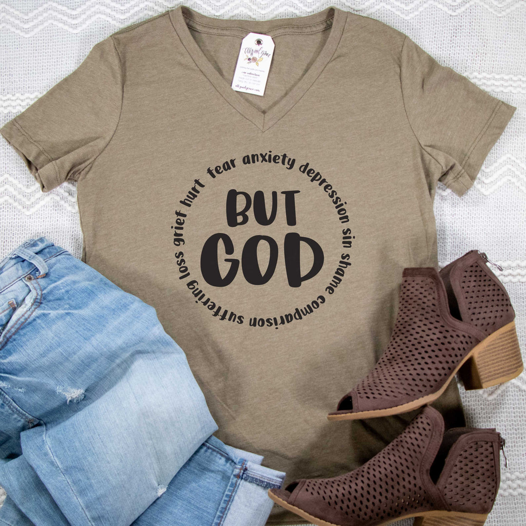 ellyandgrace 6405 Ladies Small / Heather Olive But God Relaxed Ladies Vneck