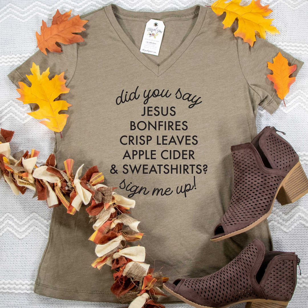 ellyandgrace 6405 Ladies Small / Heather Olive Did You Say? Fall Relaxed Ladies Vneck