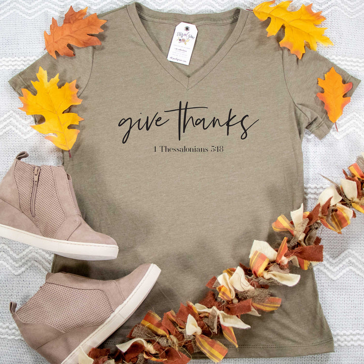 ellyandgrace 6405 Ladies Small / Heather Olive Give Thanks Relaxed Ladies V-Neck