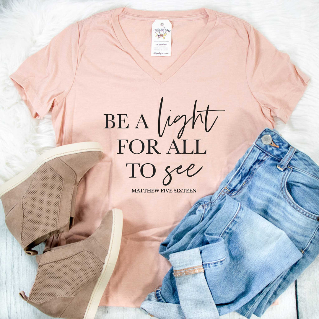 ellyandgrace 6405 Ladies Small / Heather Peach Be a Light for All to See Ladies V-Neck