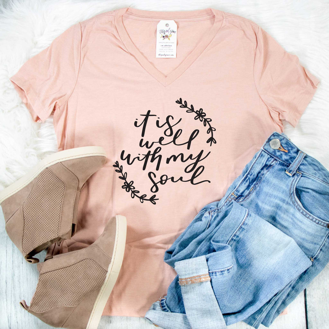 ellyandgrace 6405 Ladies Small / Heather Peach It is Well With My Soul NEW Ladies V-Neck