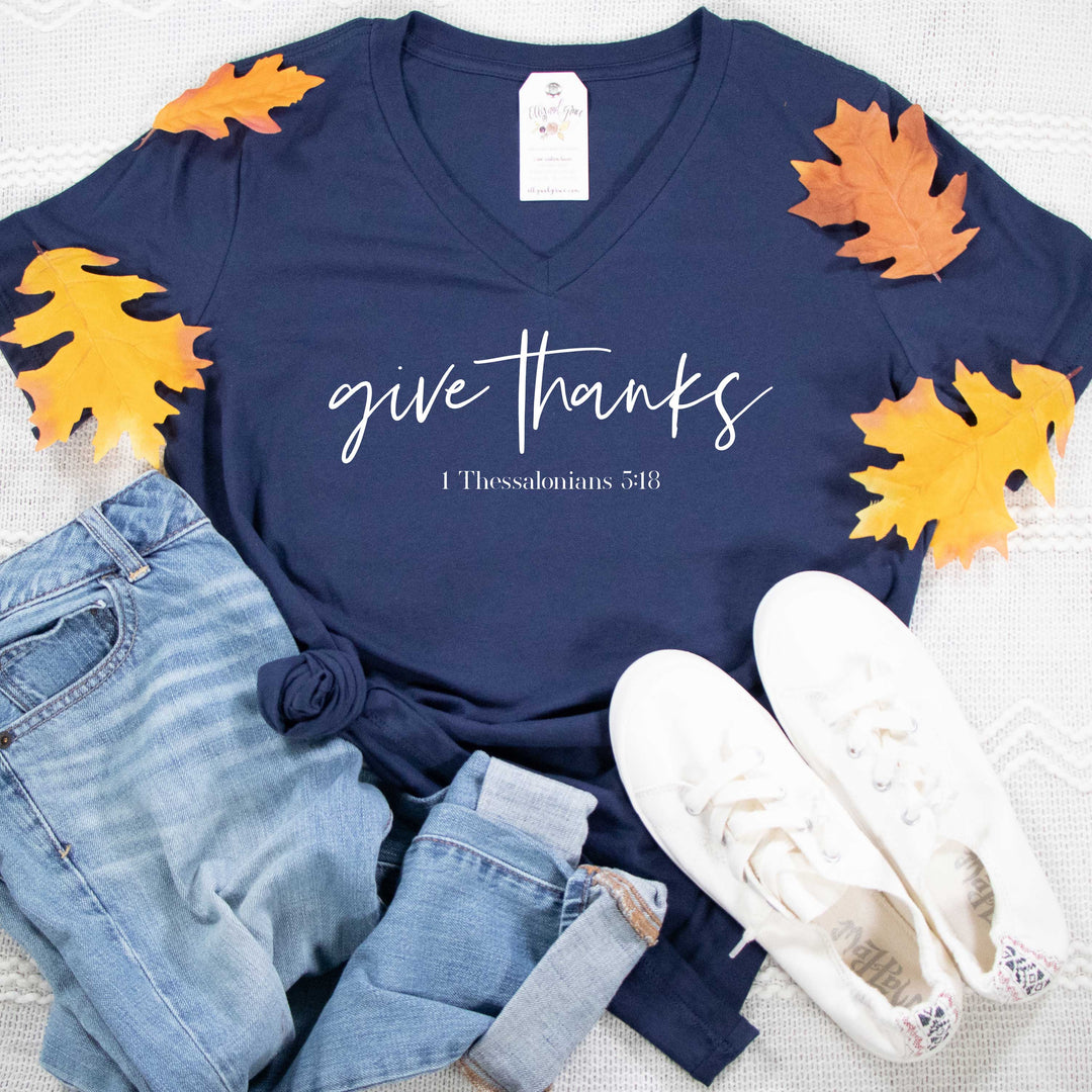 ellyandgrace 6405 Ladies Small / Navy Give Thanks Relaxed Ladies V-Neck