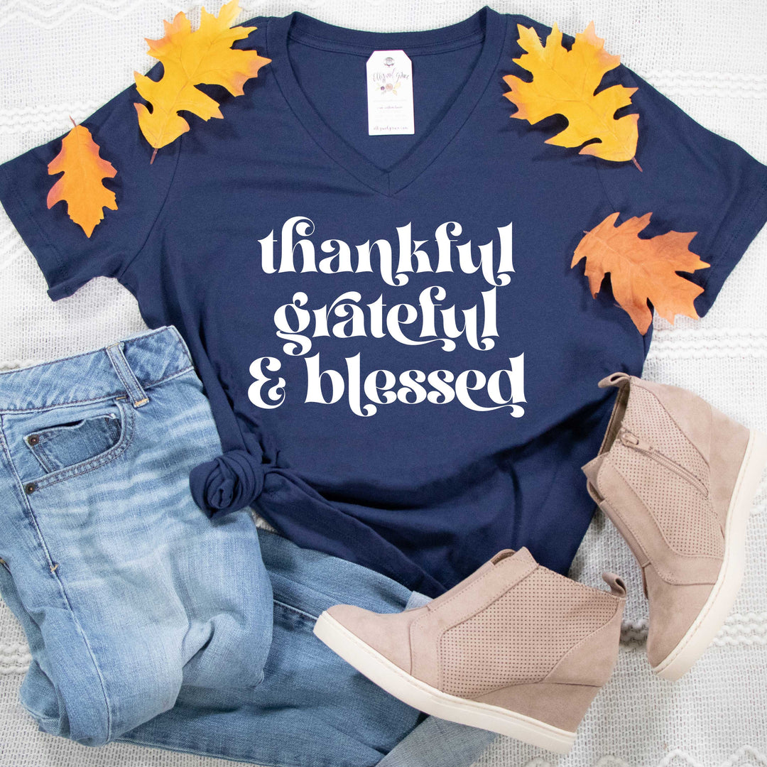 ellyandgrace 6405 Ladies Small / Navy Thankful Grateful & Blessed Relaxed Ladies Vneck