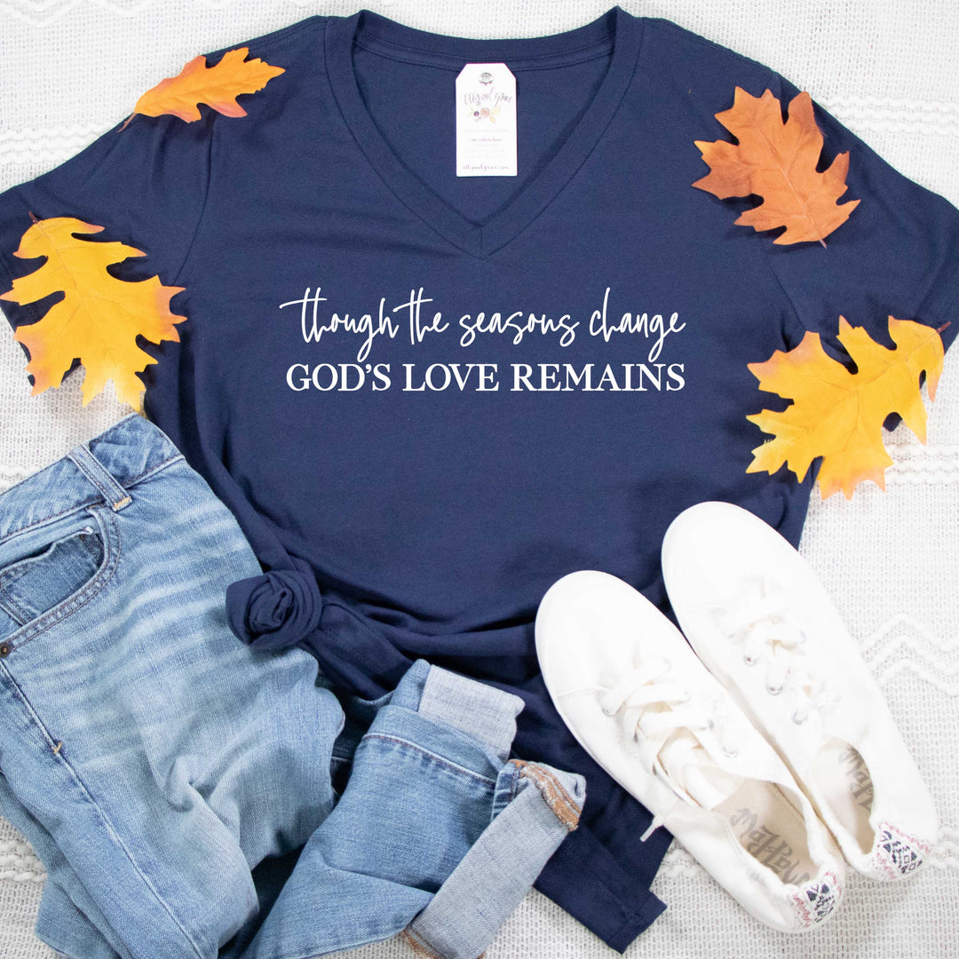 ellyandgrace 6405 Ladies Small / Navy Though the Seasons Change God's Love Remains Relaxed Ladies Vneck