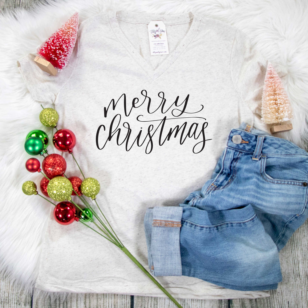 ellyandgrace 6405 Ladies Small / Oatmeal Triblend Merry Christmas Relaxed Ladies Vneck
