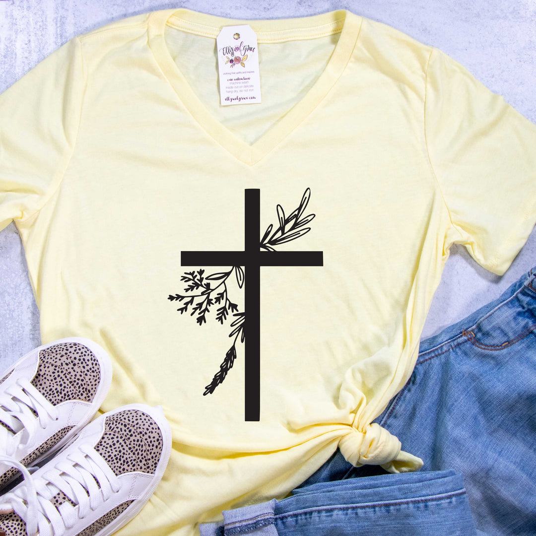 ellyandgrace 6405 Ladies Small / Pale Yellow Triblend Easter Cross Relaxed Ladies V-Neck