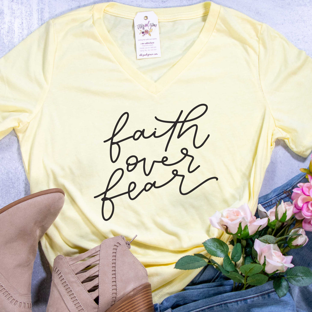 ellyandgrace 6405 Ladies Small / Pale Yellow Triblend Faith Over Fear Ladies V-Neck