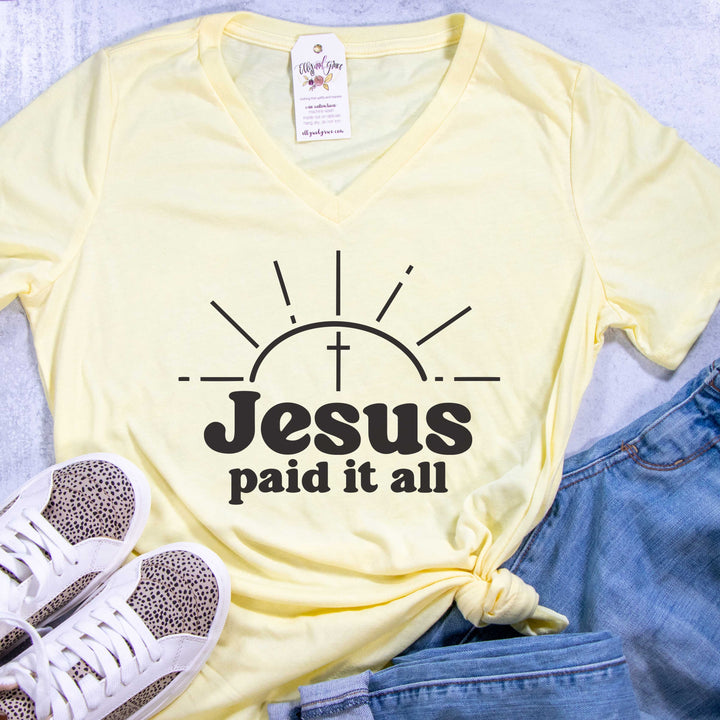 ellyandgrace 6405 Ladies Small / Pale Yellow Triblend Jesus Paid it All Relaxed Ladies V-Neck
