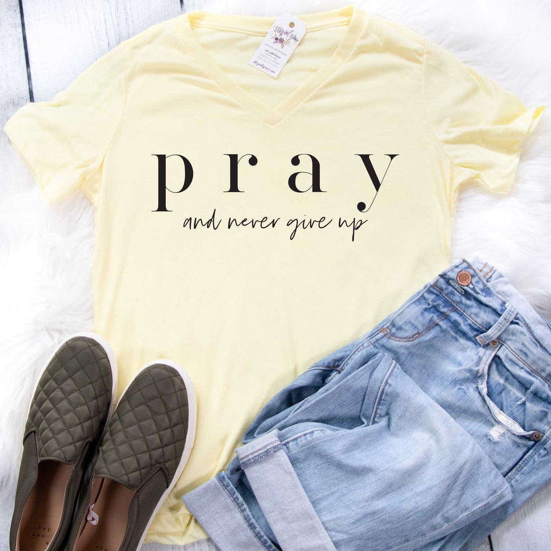 ellyandgrace 6405 Ladies Small / Pale Yellow Triblend Pray and Never Give Up Ladies V-Neck