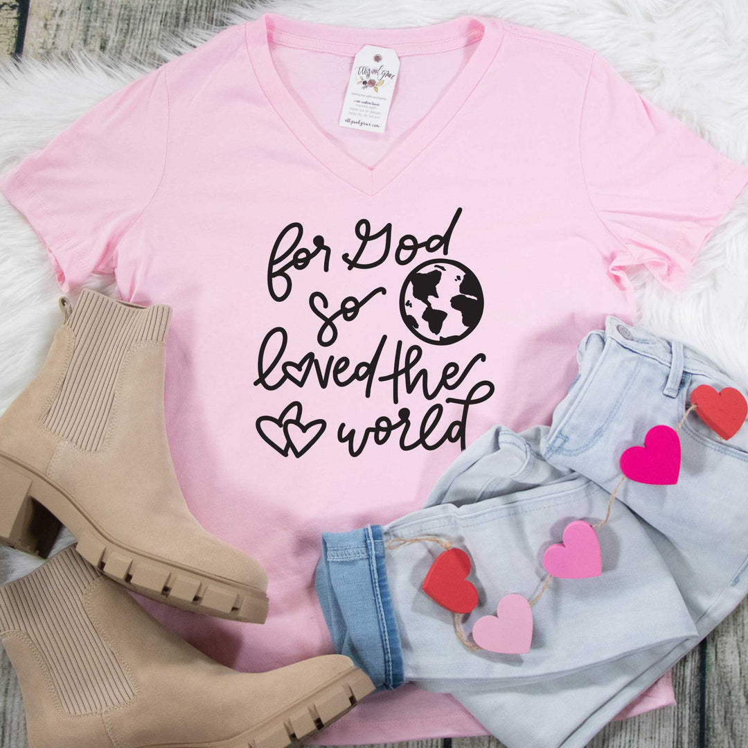ellyandgrace 6405 Ladies Small / Pink For God So Loved the World Relaxed Ladies Vneck