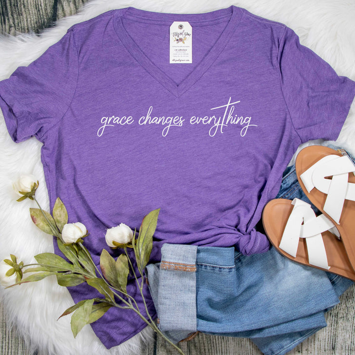 ellyandgrace 6405 Ladies Small / Purple Triblend Grace Changes Everything Relaxed Ladies V-Neck