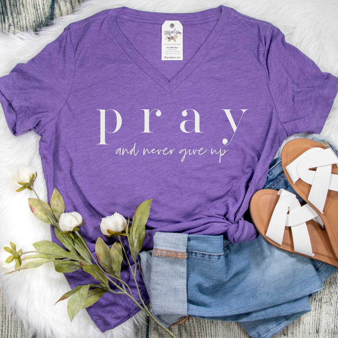 ellyandgrace 6405 Ladies Small / Purple Triblend Pray and Never Give Up Ladies V-Neck