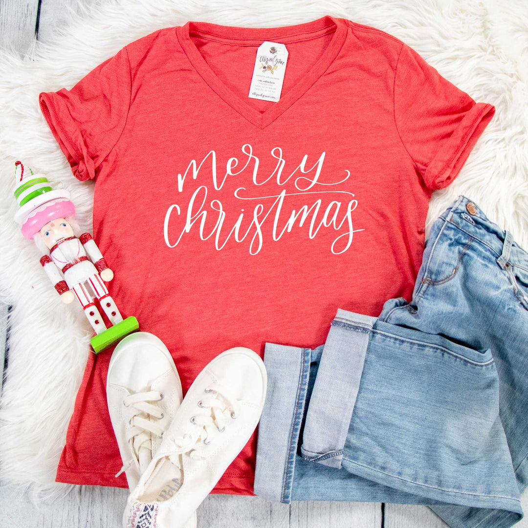 ellyandgrace 6405 Ladies Small / Red Triblend Merry Christmas Relaxed Ladies Vneck