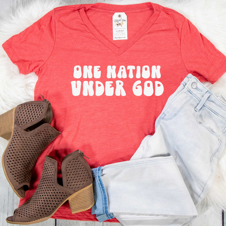 ellyandgrace 6405 Ladies Small / Red Triblend One Nation Under God Retro Ladies V-Neck