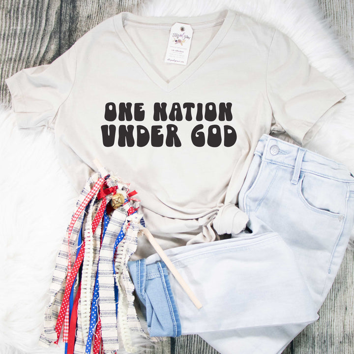 ellyandgrace 6405 Ladies Small / Vintage White One Nation Under God Retro Ladies V-Neck