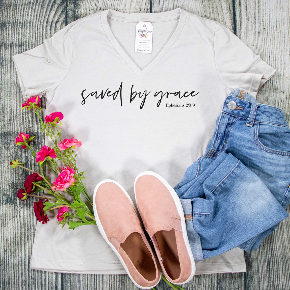 ellyandgrace 6405 Ladies Small / Vintage White Saved by Grace Relaxed Ladies V-Neck