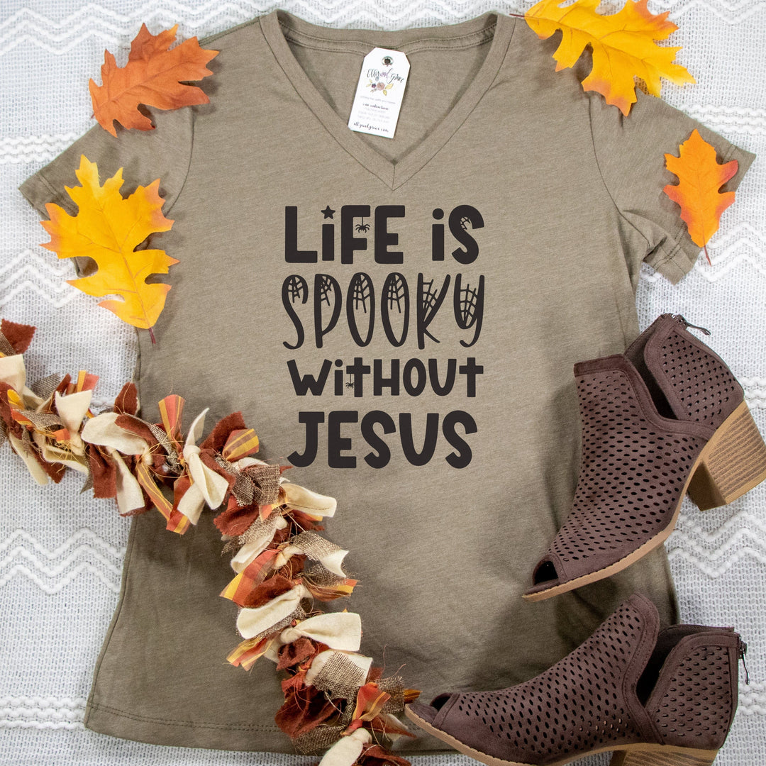 ellyandgrace 6405 Life Is Spooky Without Jesus Relaxed Ladies Vneck