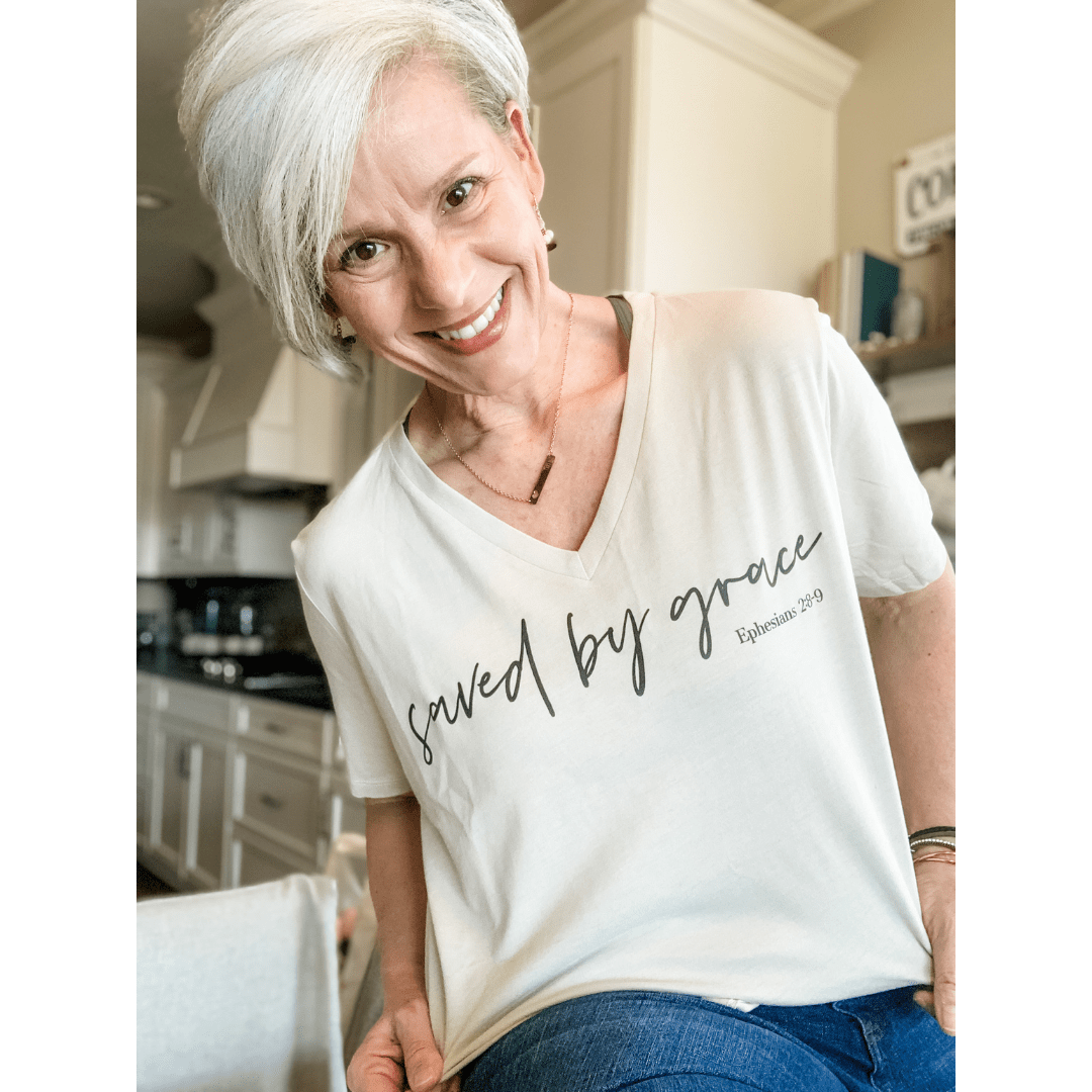 ellyandgrace 6405 Saved by Grace Relaxed Ladies V-Neck