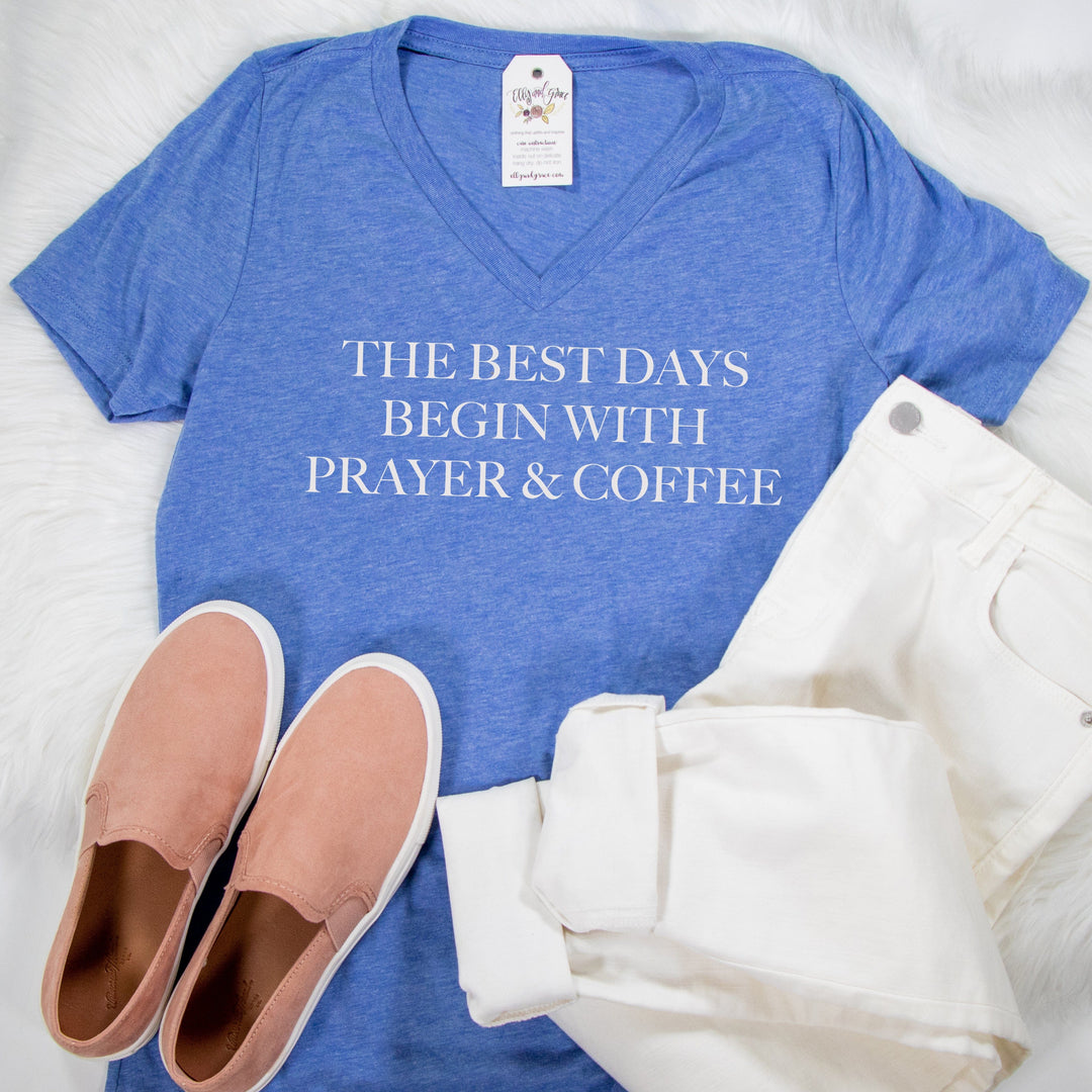 ellyandgrace 6405 The Best Days Begin With Prayer And Coffee Ladies V-Neck