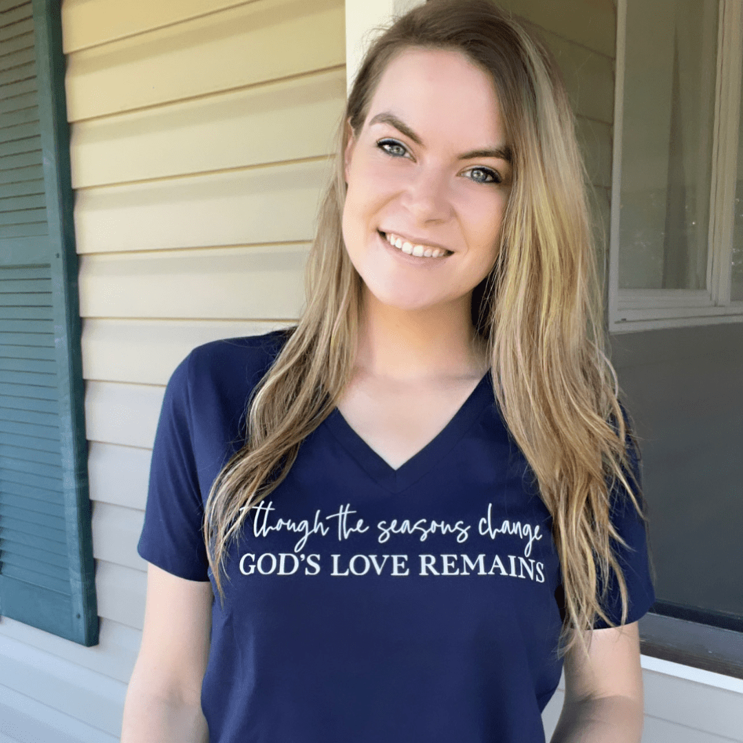 ellyandgrace 6405 Though the Seasons Change God's Love Remains Relaxed Ladies Vneck