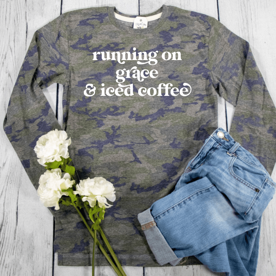 ellyandgrace 6918LS Running on Grace and Iced Coffee Camo Crew Longsleeve